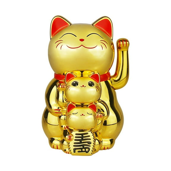 Solar Powered Lucky Cat Ornament, Automatic Waving Maneki Neko For Home Shop Office Decor, Battery -Free Fortune Figurine With Red Base(Gold)