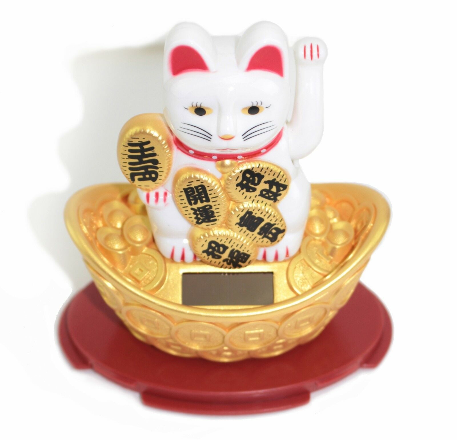 Solar Powered MANEKI-NEKO Welcoming Money Happy Cat on Golden Ingot B11859-1