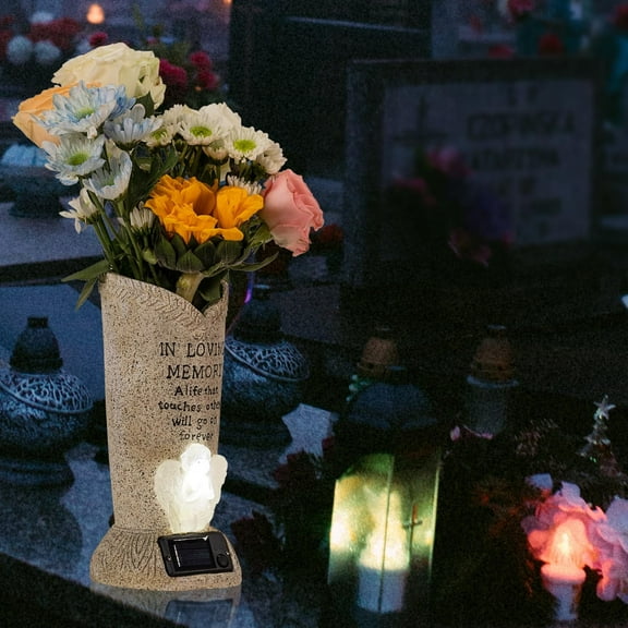 Solar Powered Memorial Angel Vase with LED Cemetery Holder with Stabilizing Spikes for Graves Elegant Gravestone Decor