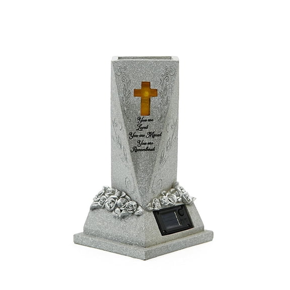 Solar Powered Memorial Cemetery Vase Decoration with LED Light for Grave Stone Human Pet Flower Arrangement Weatherproof Resin Monument Vase