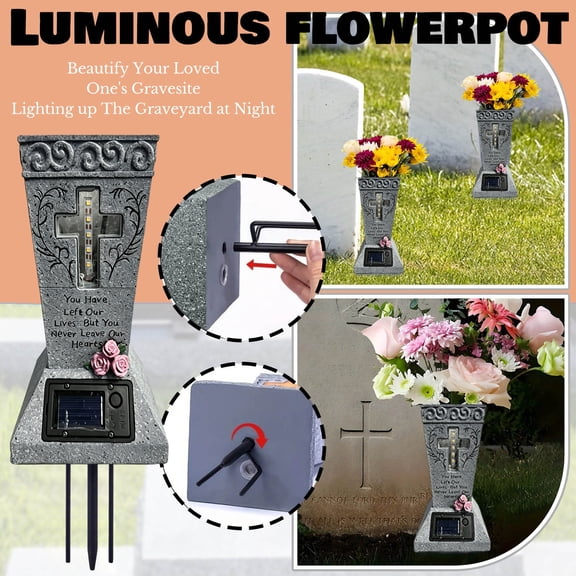 Solar Powered Memorial Cemetery Vase with Light Up Cross, Weatherproof Grave Marker Flower Holder for Garden Yard Outdoors Tribute Stone Decor