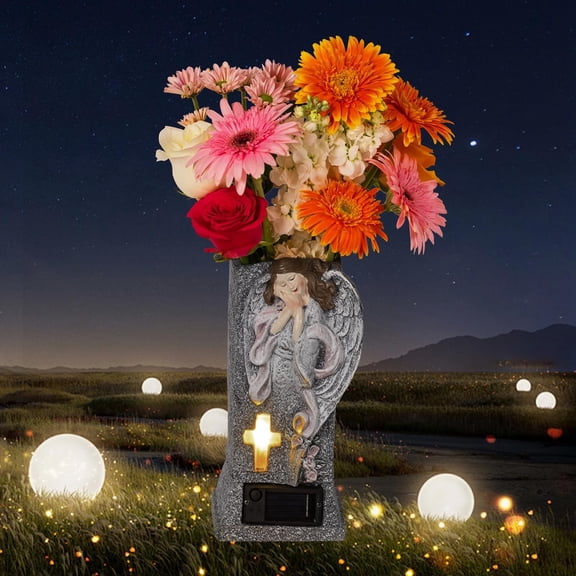 Solar Cemetery Vase with LED Light, 12.6" Angel Cross Grave Flower Holder with Stakes, Waterproof Memorial Decor for Tombstone
