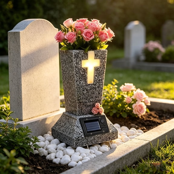 Solar Powered Memorial Tombstone Vase 14 Inch, Resin Cemetery Flower Holder with LED Light, Grave Decor with Ground Spike for Sympathy Remembrance Gift