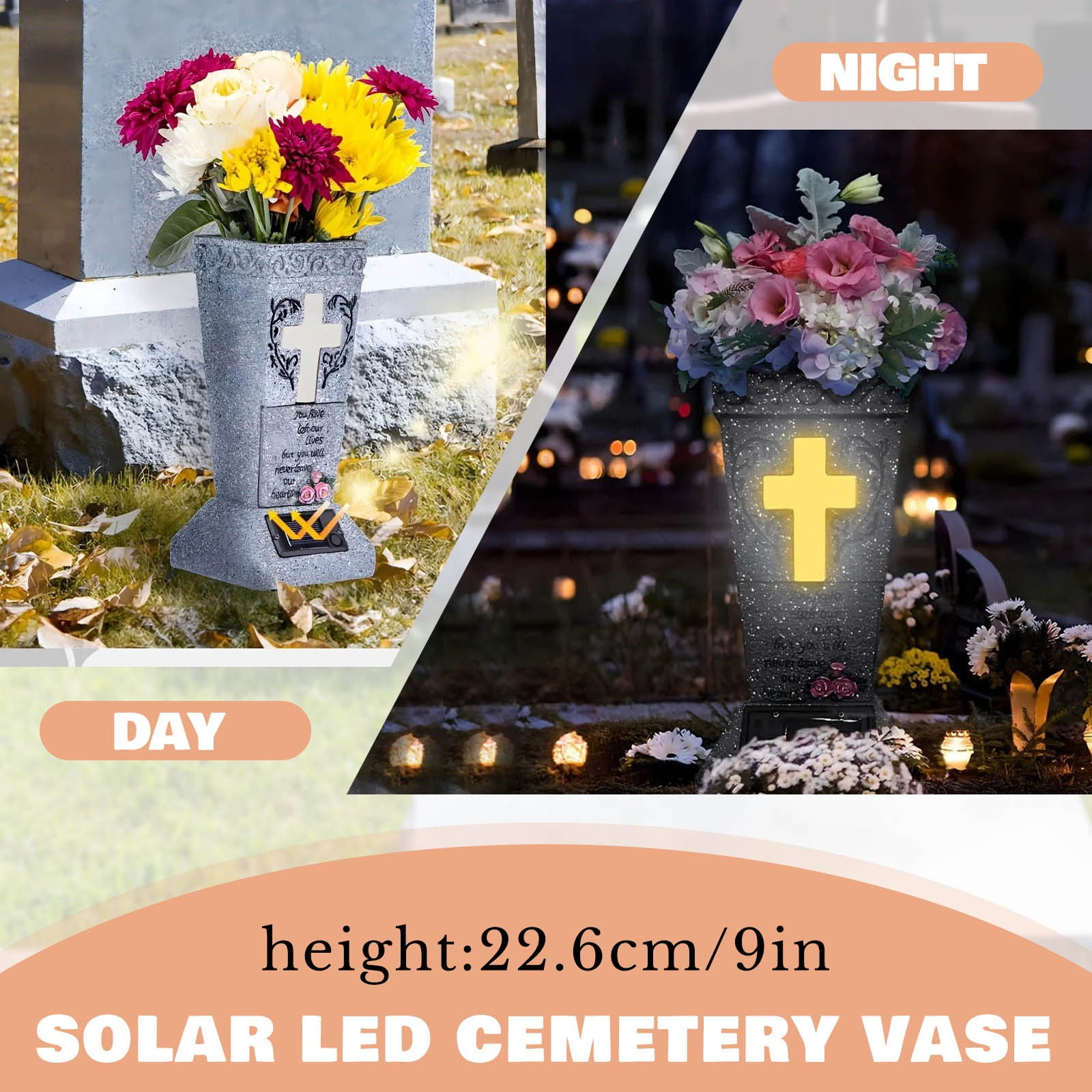 Solar Powered Memorial Vase LED Grave Decor with Metal Spikes for