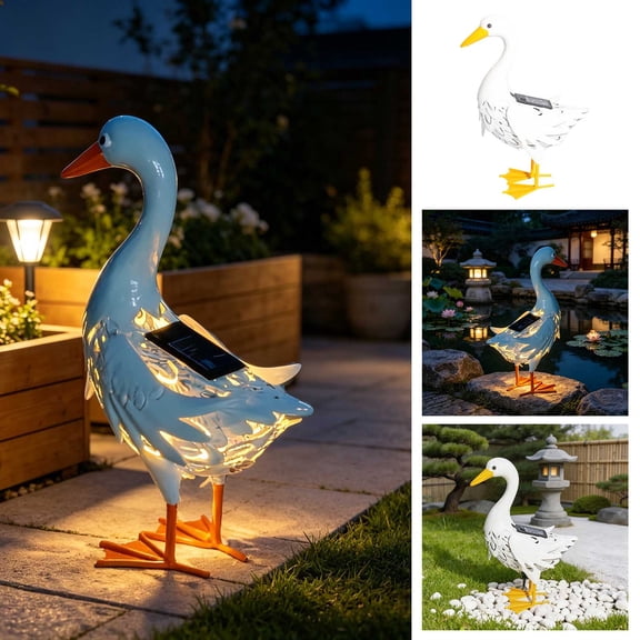 Solar Powered Metal Duck Garden Ornament, Wrought Iron Animal Statue with Warm LED Light, Auto On/Off Outdoor Courtyard Decor for Lawn Yard Patio, Weatherproof Rust Resistant