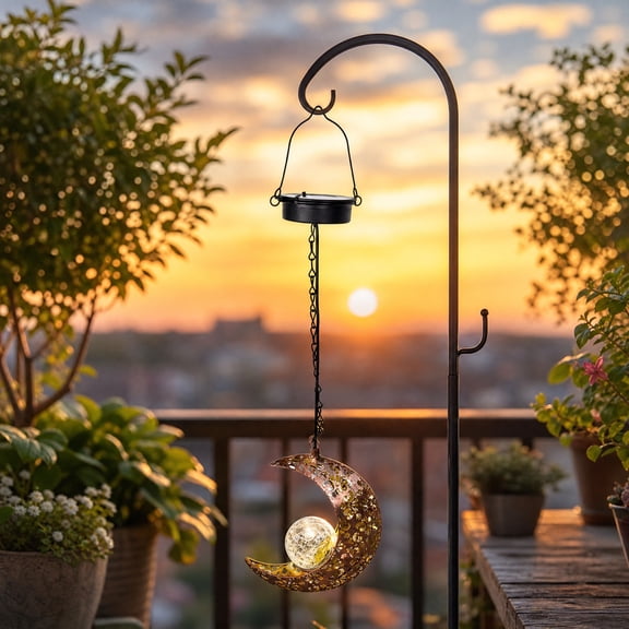 Solar Powered Metal Hollow Out Garden Chandelier, Star Moon Projection Hanging Tree Light, Waterproof Outdoor Decorative Lamp for Garden Patio Yard Landscaping Festival Holiday Decoration, A