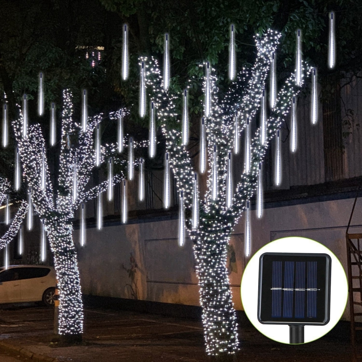 Solar Powered Meteor Shower String Lights 9.84FT Falling Raindrop Tube