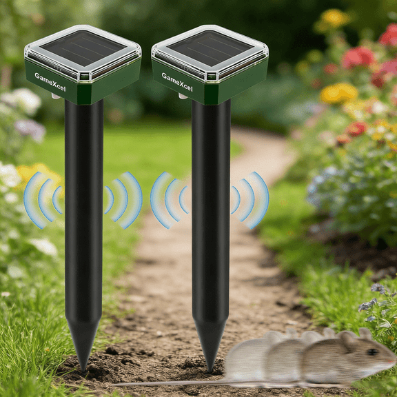 Solar-Powered Mole Repellent 2-Pack - Ultrasonic Gopher/Vole Deterrent, Waterproof Sonic Spikes for Groundhogs, Snakes & Chipmunks