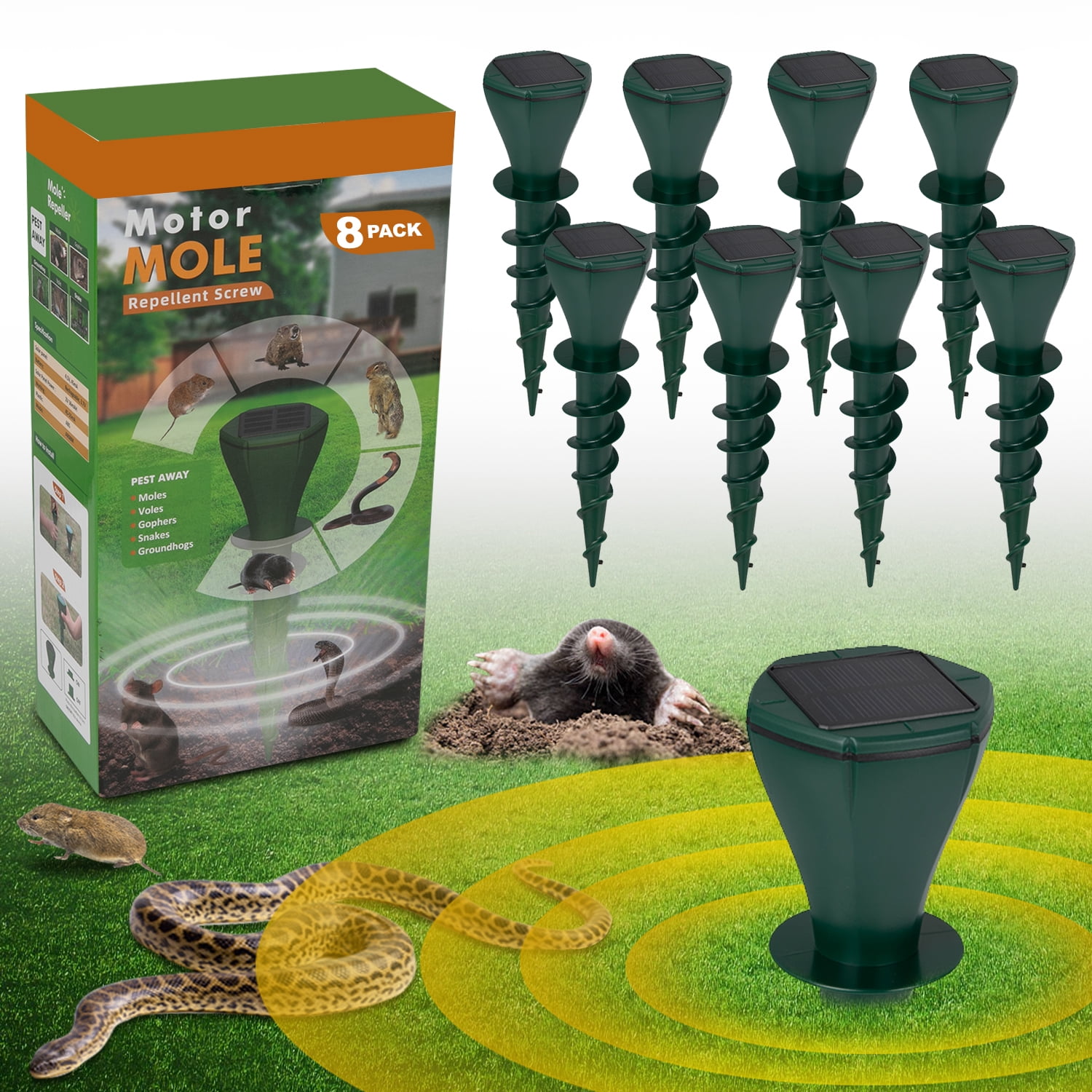 Solar Powered Mole Repellent, Ultrasonic Snake, Skunk, Gopher, Rabbit, Vole, Armadillo, Groundhog and Chipmunk Deterrent, IP65 Waterproof Outdoor Pest Control for Yard & Garden - 8 Pack