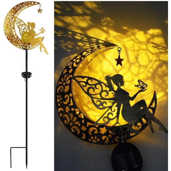 Solar Powered Moon Flower Fairy Light, Garden Decorative Wrought Iron Beautiful Fairy Ground Light, Wireless Dusk to Dawn LED lamp Waterproof.