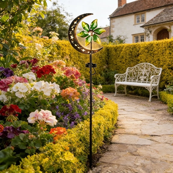 Solar-Powered Moon & Flower Wind Spinner Stake Light, 29in LED Metal Garden Decor with Glass Flower, Waterproof Outdoor Yard and Pathway Ornament