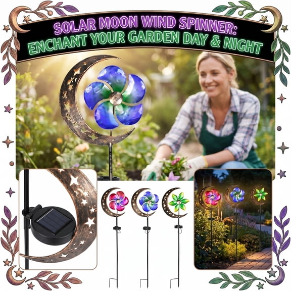 Solar Powered Moon Garden Light Rotating Windmill Outdoor Decorative Ground Lamp for Patio Yard Lawn Pathway Holiday Gift Red Metal