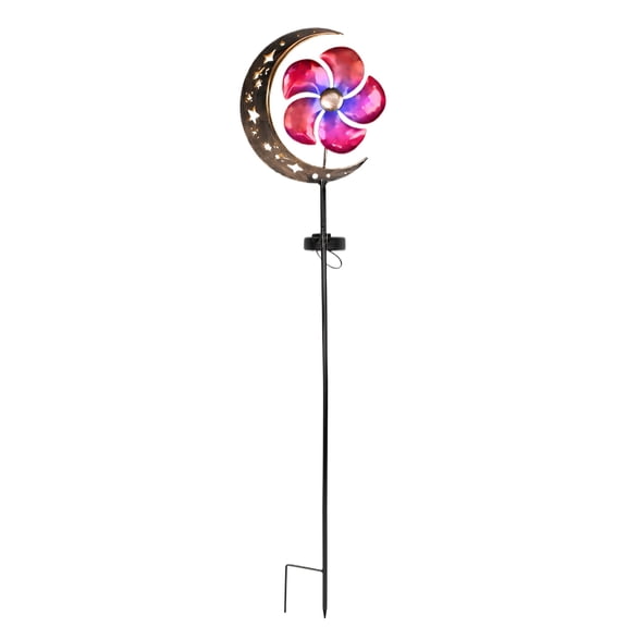 Solar Powered Moon Garden Light Rotating Windmill Outdoor Decorative Ground Lamp for Patio Yard Pathway Metal Red Design