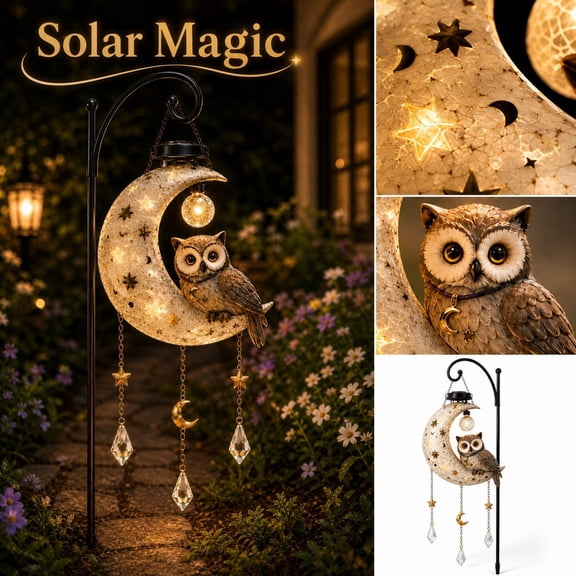 Solar Powered Moon Owl Hanging Decor 13.7 Inch, LED Light Resin Statue Wind Chime Lantern for Garden Yard Patio Backyard Outdoor Ornament
