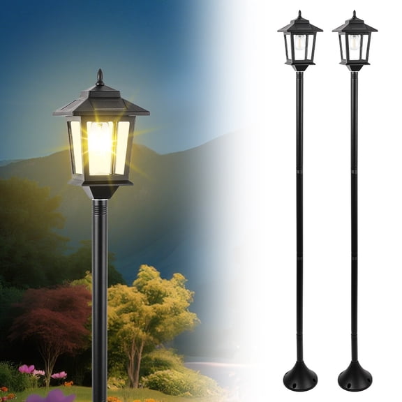 Solar-Powered Outdoor Floor Lamp, 2-Pack 63" with Panels & Black Metal Frame, 2-in-1 Solar-Powered/Manual Switch, Lithium Battery