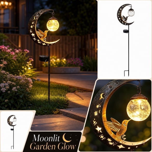 Solar Powered Outdoor Garden Stake Light Metal Moon Bird Design Yard Pathway Landscape Lamp for Patio Lawn