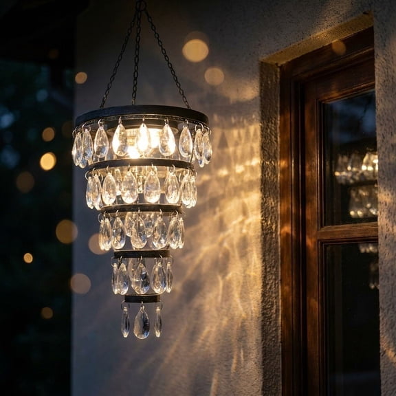 Solar Powered Outdoor Hanging Chandelier with Acrylic Crystals, 50W LED String Lights for Patio, Garden, and Backyard, IP44 Waterproof, 10-12 Hours Auto On/Off