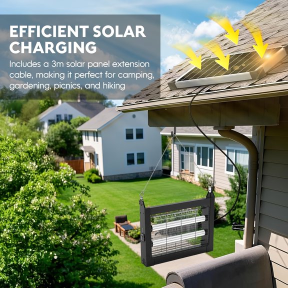 Solar-Powered Outdoor Insect Zapper with 4500V Electric Shock, Portable Fly and Pest Repeller, Includes 10FT Cord, Auto and Manual Modes, Rechargeable Design, Effective Insect Trap f