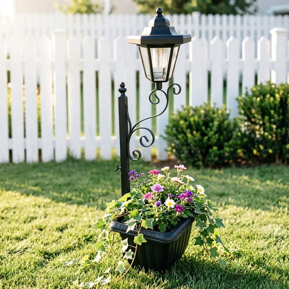Solar Powered Outdoor Lamp with Planter - Ironwork Hexagonal Street Light for Garden and Patio, Decorative Ground Plug Light – One Size (31.9 Inches)