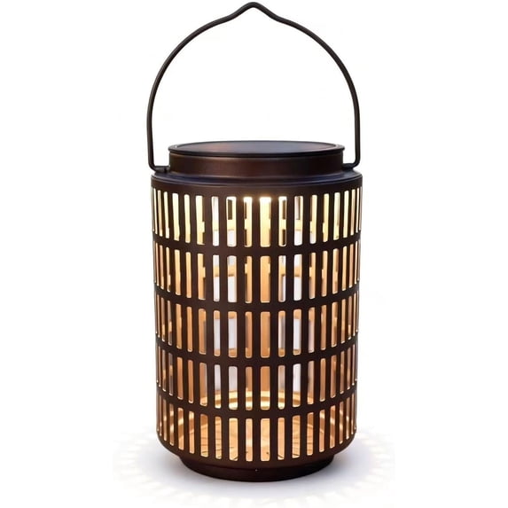 Solar Powered Outdoor Lantern, 8 Inch, Waterproof, Hanging or Wall Mount, Warm Glow, Brown Metal Cage Design