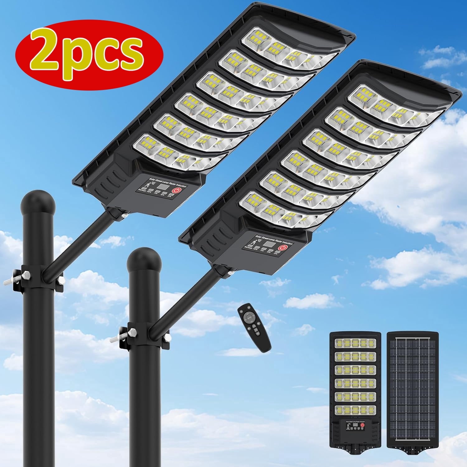 Solar Powered Outdoor, Lights Solar Street Lights Pole Barn Commercial Parking Lot Lights Outdoor Dusk to Dawn Solar Security Flood Light Motion Sensor Remote Control Led Lamp, 2 PACK