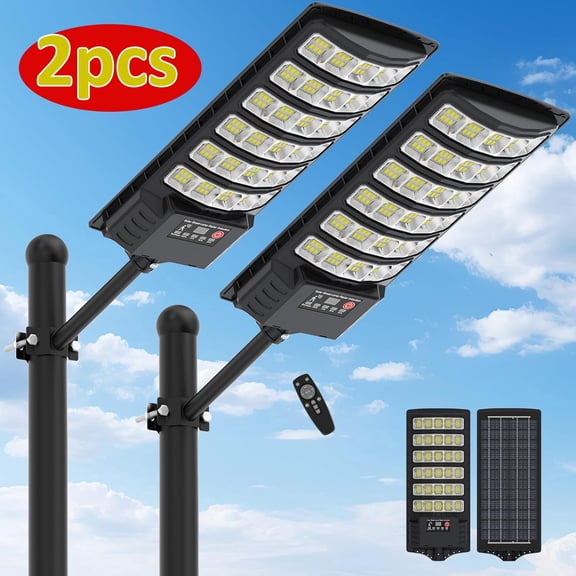 Solar Powered Outdoor, Lights Solar Street Lights Pole Barn Commercial Parking Lot Lights Outdoor Dusk to Dawn Solar Security Flood Light Motion Sensor Remote Control Led Lamp, 2 PACK