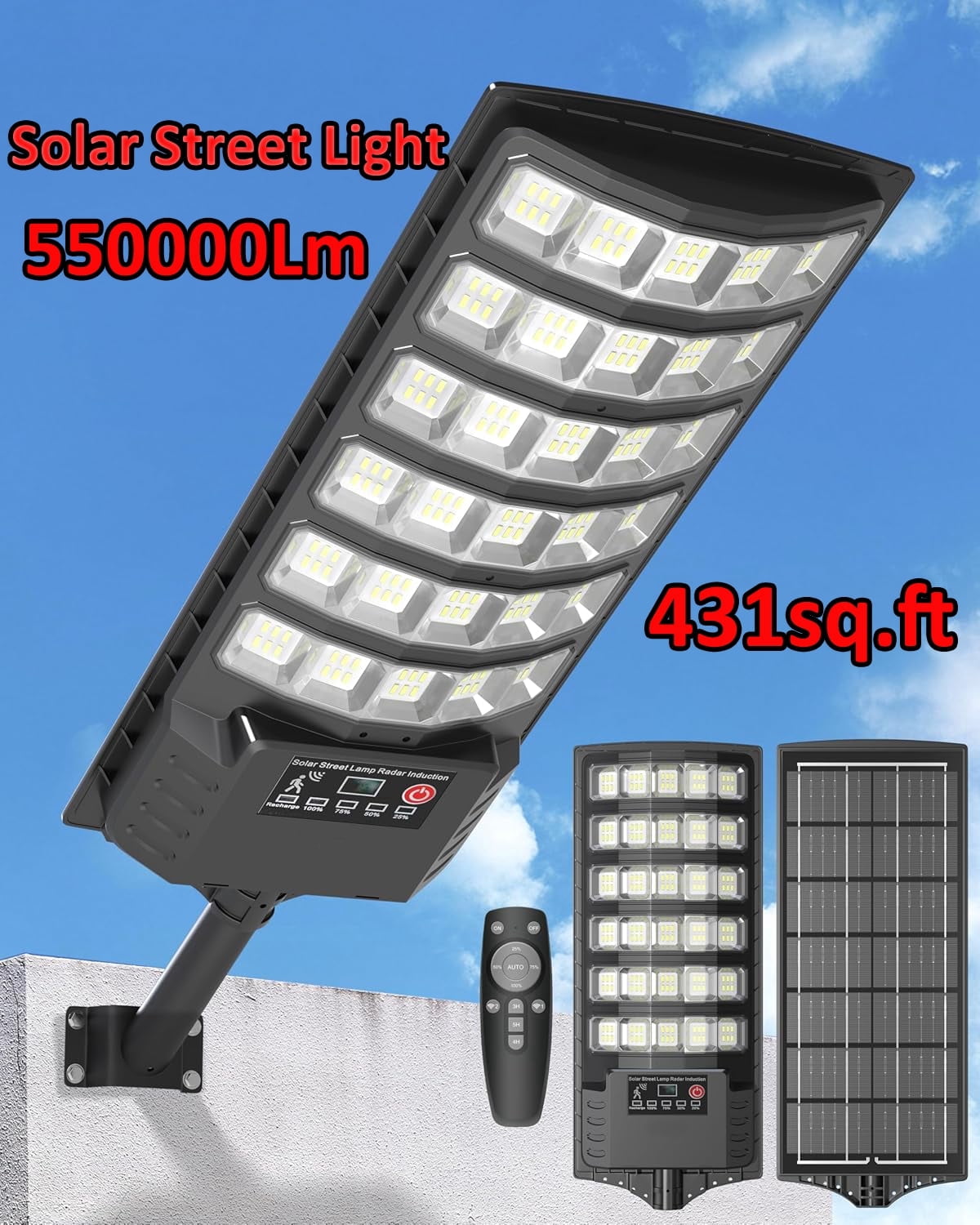 Solar Powered Outdoor, Lights Solar Street Lights Pole Barn Commercial Parking Lot Lights Outdoor Dusk to Dawn Solar Security Flood Light Motion Sensor Remote Control Led Lamp, 1 PACK