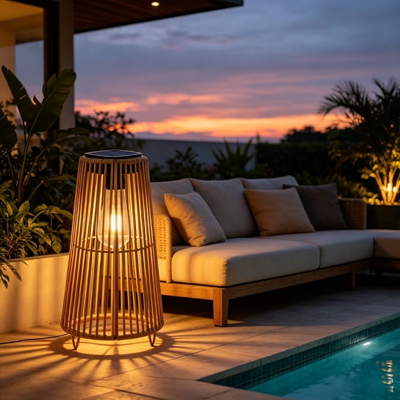 Solar Powered Outdoor Rattan Floor Lamp Waterproof Wicker Light For Patio Garden - Boho Ambiance Warm LED Lighting Freestanding No Wiring