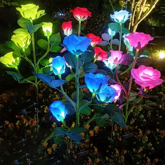 Solar Powered Outdoor Rose Ground Light, Artificial Flower LED Garden Stake Light, Waterproof Solar Charging Landscape Light for Spring Lawns Courtyards Yard Garden, Blue