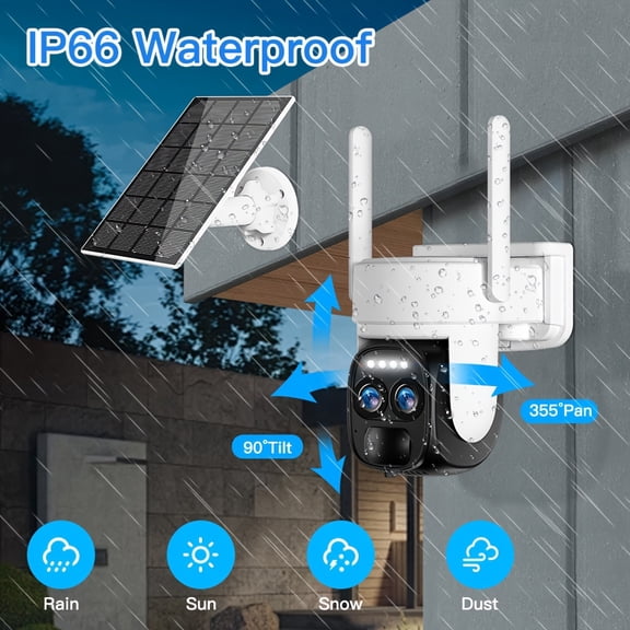 Solar Powered Outdoor Security Camera 2.4G/5G WiFi, 360 View, 8X Zoom, Color Night Vision, Two-Way Audio, Motion Detection, IP66 Waterproof