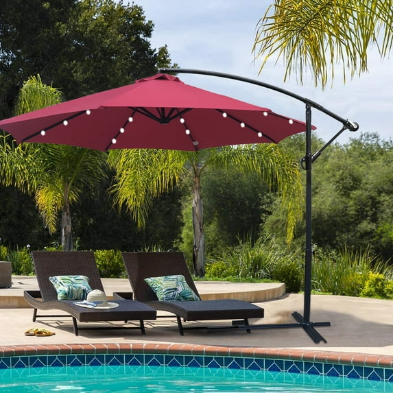 Solar Powered Outdoor Umbrella, SYNGAR 10ft Patio Offset Hanging Umbrella with 24 Solar Powered LED Lights, Crank & Cross Base, Outdoor Patio Umbrella for Backyard Poolside Lawn Garden, Burgundy, D105