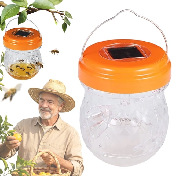 Solar Powered Outdoor Wasp Trap, Reusable Plastic Hornet Yellow Jacket Catcher Jar, Hanging Solar Light Bee Insect Trap, Garden Fruit Fly Bug Trapper, Outdoor Hanging Pest Capture Container