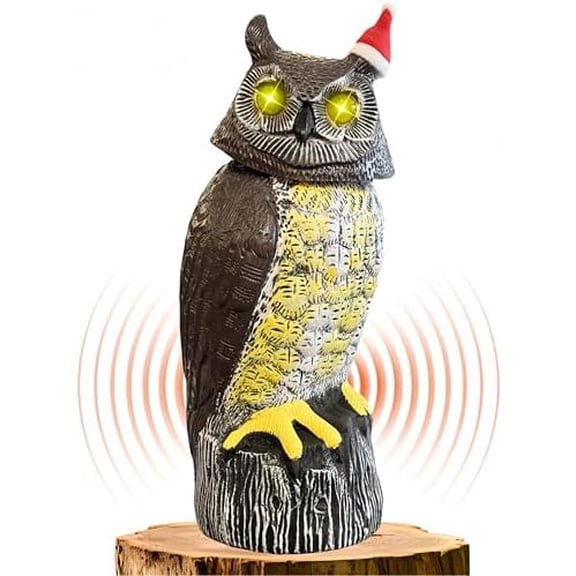 Solar Powered Owl with Christmas Hat, Motion Detection, Rotating Head, Realistic Hoots and Silent Mode, Outdoor Statue, Sculpture, Owl Decoration for Home, Garden, Patio and Lawn$$Garden & Patio
