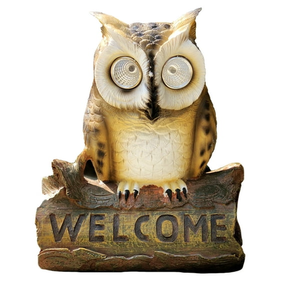 Solar Powered Owl On A Log With " Welcome " Sign Outdoor LED Garden Light Decor