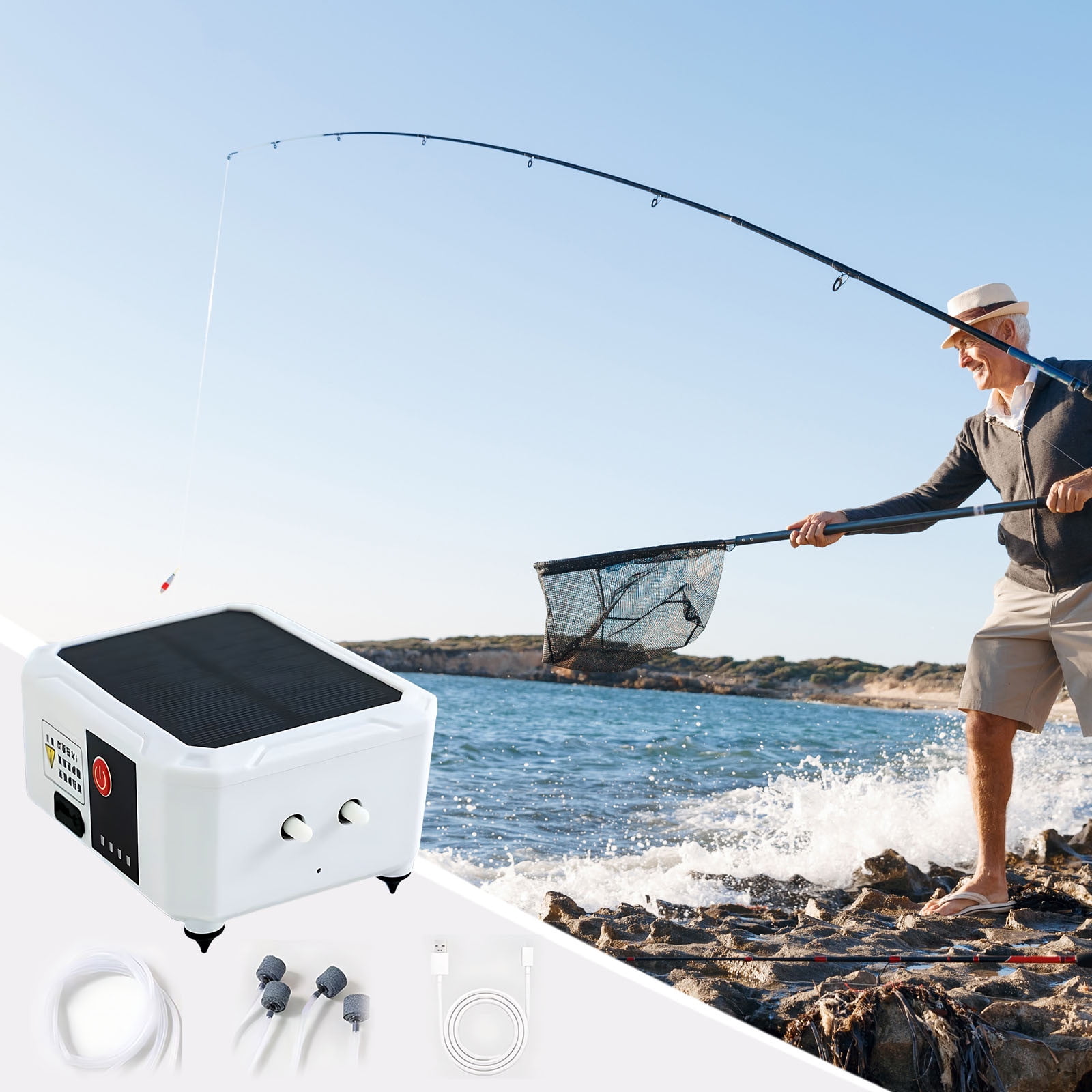 Solar Powered Oxygen Pump - 4.13x2.95x1.77in Dual Hole Aerator for Fish Tank Bait Bucket, USB Rechargeable Water Pump for Outdoor Fishing and Home Aquarium