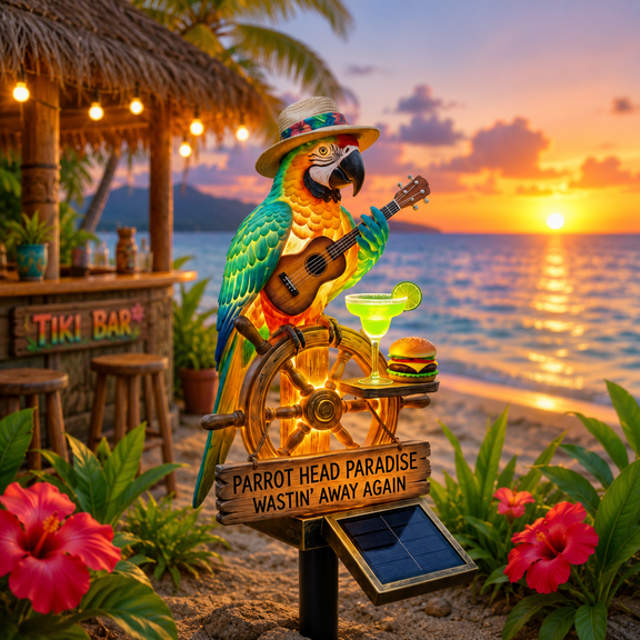 Solar Powered Parrot Garden Light Outdoor Decorative, Parrot Wastin' Away Again Solar Landscape Stake Light, Tropical Bar Beach Decor for Yard Patio