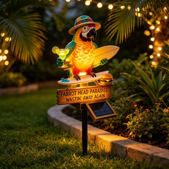 Solar-Powered Parrot Garden Light Stake, Parrot Head Paradise Tropical Yard Decor Lamp, Waterproof Auto On/Off Solar Statue Light for Lawn Backyard Patio Pool Outdoor Party Decor