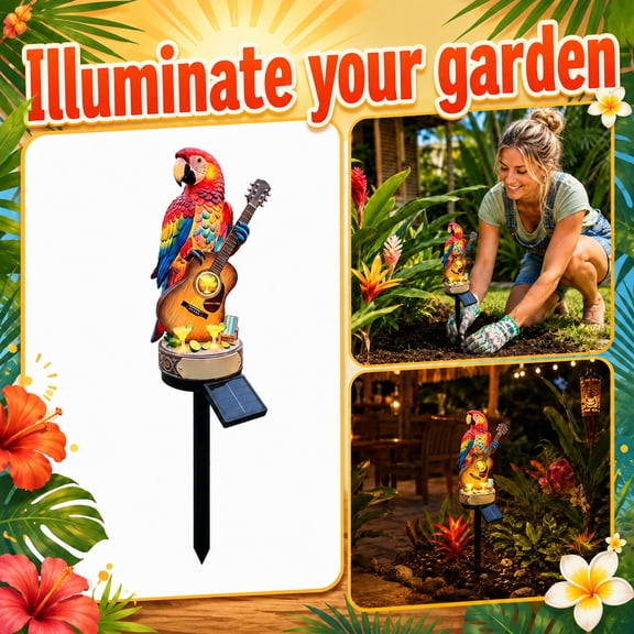 Solar Powered Parrot Head Paradise Garden Light, 17.72 inch Auto On/Off Waterproof Outdoor Stake Light, Tiki Tropical Decor for Patio Poolside Lawn Pathway