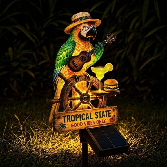 Solar Powered Parrot Head Paradise Garden Light, 17 in Auto On/Off Waterproof Outdoor Stake Light, Tiki Tropical Decor for Patio Poolside Lawn Pathway
