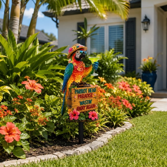 Solar Powered Parrot Head Paradise Garden Stake Light, 17.7 Inch Waterproof Resin Outdoor Lamp, Whimsical Tropical Decor for Patio Lawn Pathway Gift
