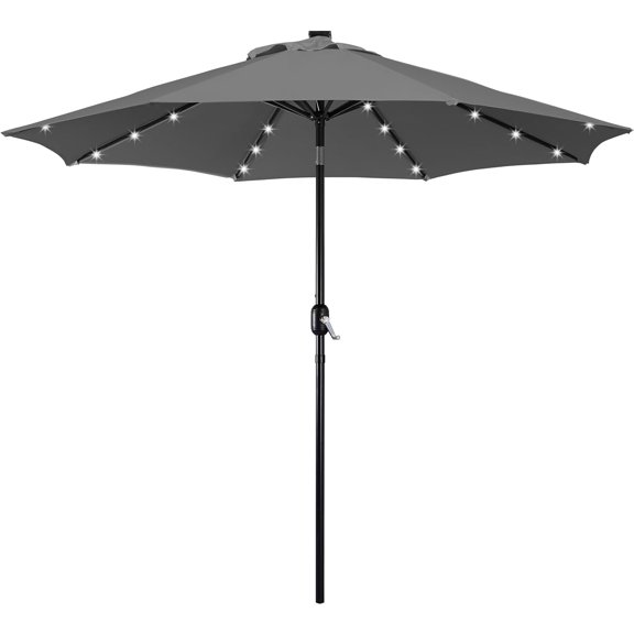 Solar Powered Patio Umbrella - UV Protection Market Table Umbrella w/ 32 LED Lights & Push Button Tilt & Crank Lift System for Garden/Lawn/Deck/Backyard/Pool