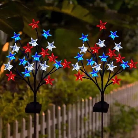 Solar Powered Patriotic Star Tree Stake Lights 28 In,Red White Blue LED Star Lights,Waterproof Outdoor Decorative Lights for 4th of July,Memorial Day,Independence Day,Garden,Lawn Decorations