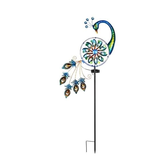 Solar Powered Peacock Windmill Light, 35.2in Waterproof Outdoor Garden Stake for Landscape Decor, Metal Kinetic Wind Spinner with LED Lights, Yard Ornament, Blue