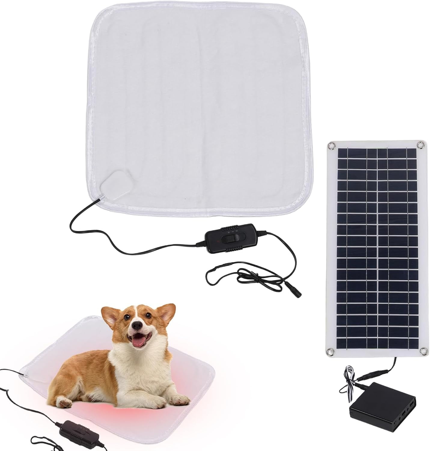 Solar Powered Pet Heating Pad - 12V 100W Solar Heated Dog Bed, Warming Cat Bed, Outdoor Kennel Heating Pad with Energy Storage Box, Adjustable Thermal Mat, for Winter Use in Home Dogs Cats Resting