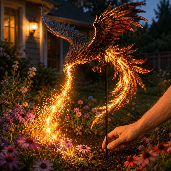 Solar Powered Phoenix Fire Garden Light, Waterproof Resin Stake with Warm Fiery Glow for Patio, Lawn & Pathway Decor