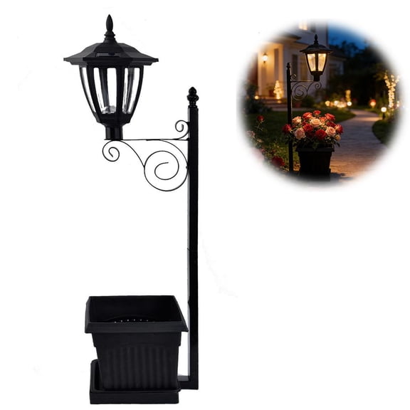 Solar Powered Planter with Lights Outdoor, Solar Pathway Lamp Post Planter with Built in Light Lantern 2 in 1, Freestanding Waterproof Decorative Flower Box for Patio Porch Yard Lawn Garden Decor