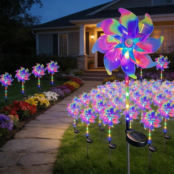Solar Powered Plastic Windmill Stake Light, 29.5-Inch Waterproof Rainbow Colored LED Ground Landscape Lamp for Garden Yard Courtyard