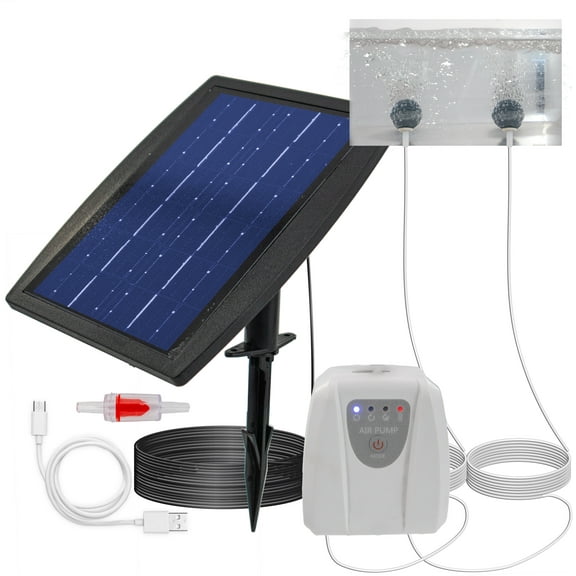 Solar Powered Pond Aerator Air Pump - 2 Air Stone Diffusers, USB Rechargeable, Quiet, Koi Ponds