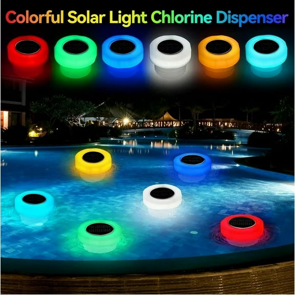 Solar-Powered Pool Chlorinator Floater with IP68 LED Light 4.53-Inch Adjustable Tablet Dispenser for 1-inch & 3-inch Tabs Automatic Chemical Distribution System Swimming Pool Water Treatment