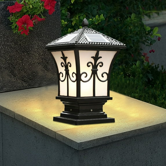 Solar Powered Post Light Outdoor LED Pillar Lamp Garden Lawn Waterproof Decor Lighting Black